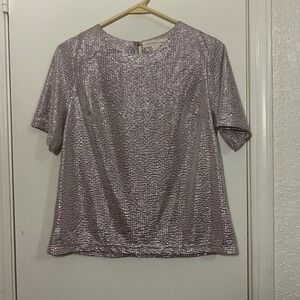Monteau Los Angeles Metallic Foil Top Short Sleeve Sparkle Party Blouse‎ Holiday